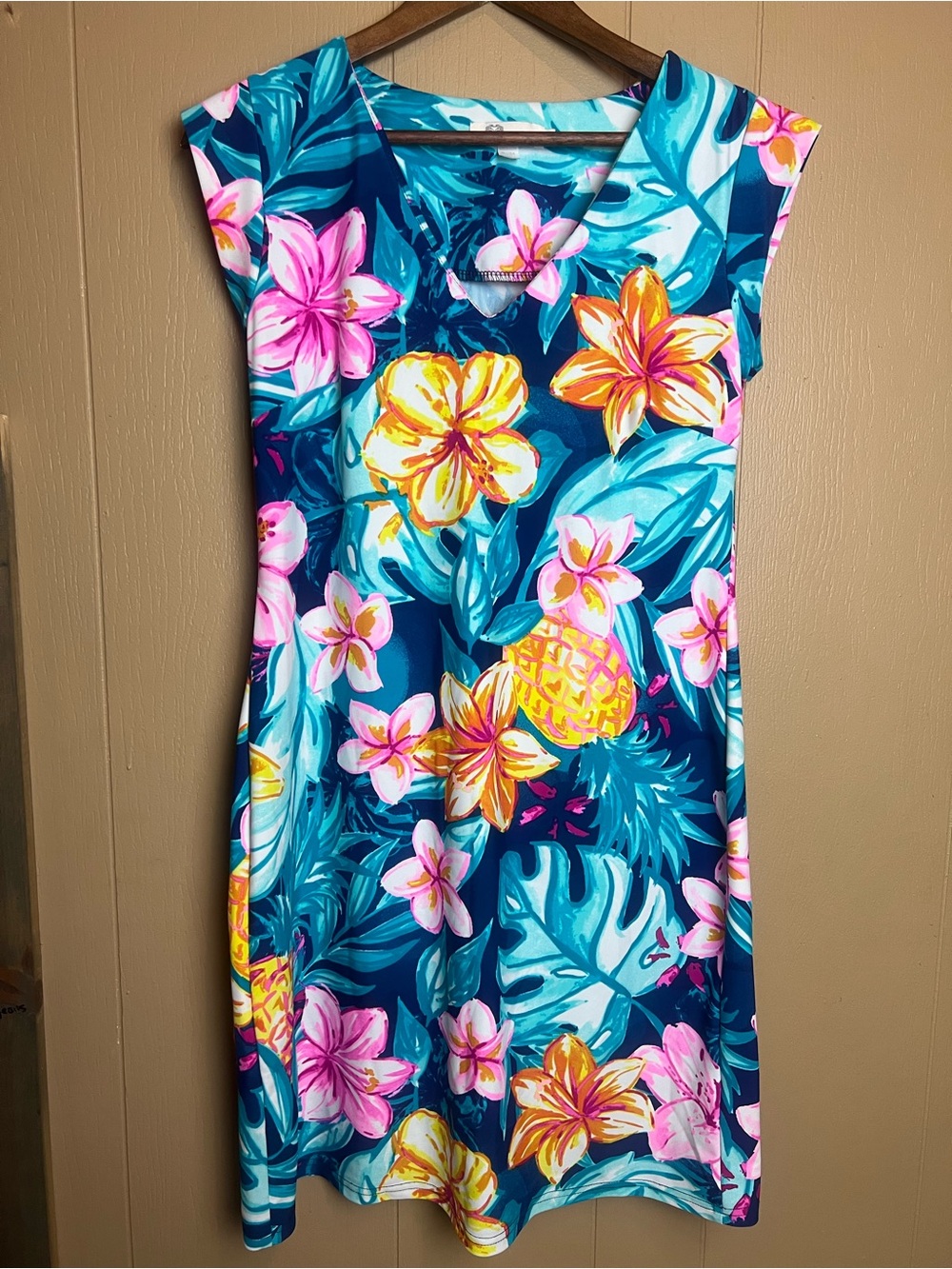 Aryeh Teal Tropical Floral Shift Dress with Pink & Yellow Accents